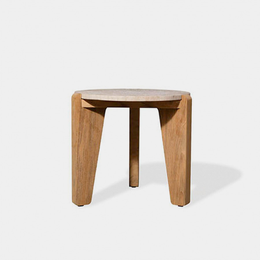 Harbour Mlb Round Side Table - Teak Natural, Travertine Cream