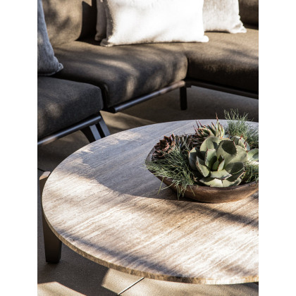 Harbour Mlb Aluminum Round Coffee Table in Aluminum Asteroid / Travertine Dark Gray