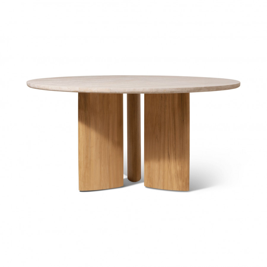 Harbour Newport Teak Round Dining Table 60" in Teak Natural / Travertine Cream