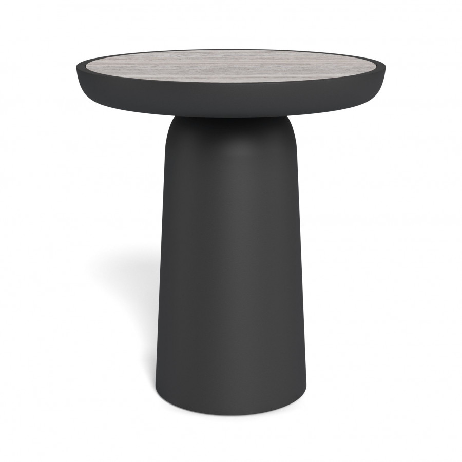 Harbour Nova Aluminum Round Side Table - Aluminum Asteroid / Travertine Dark Gray
