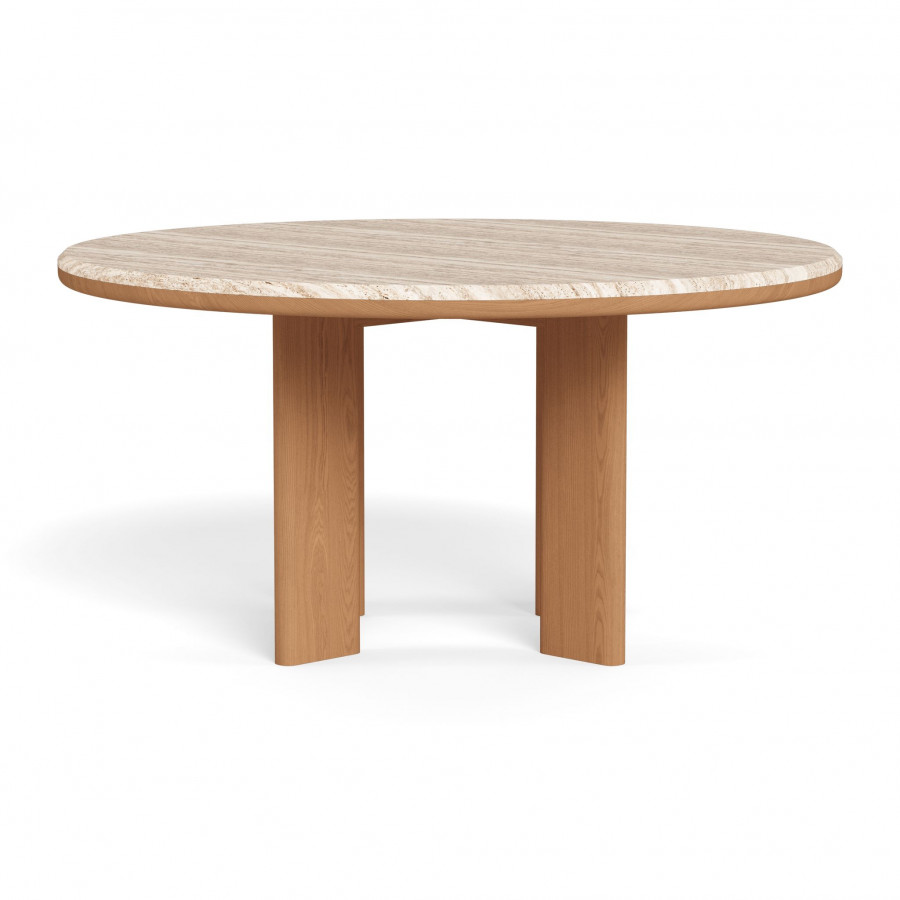 Harbour Palm Beach Teak Round Dining Table 60" in Teak Natural / Travertine Cream