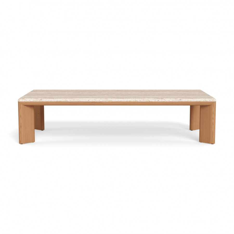 Harbour Palm Beach Teak Rectangle Coffee Table in Teak Natural / Travertine Cream