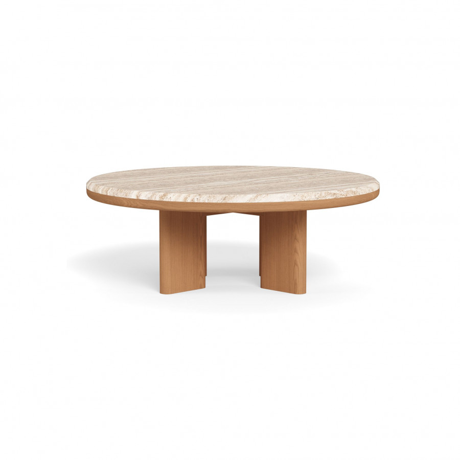 Harbour Palm Beach Teak Round Coffee Table in Teak Natural / Travertine Cream