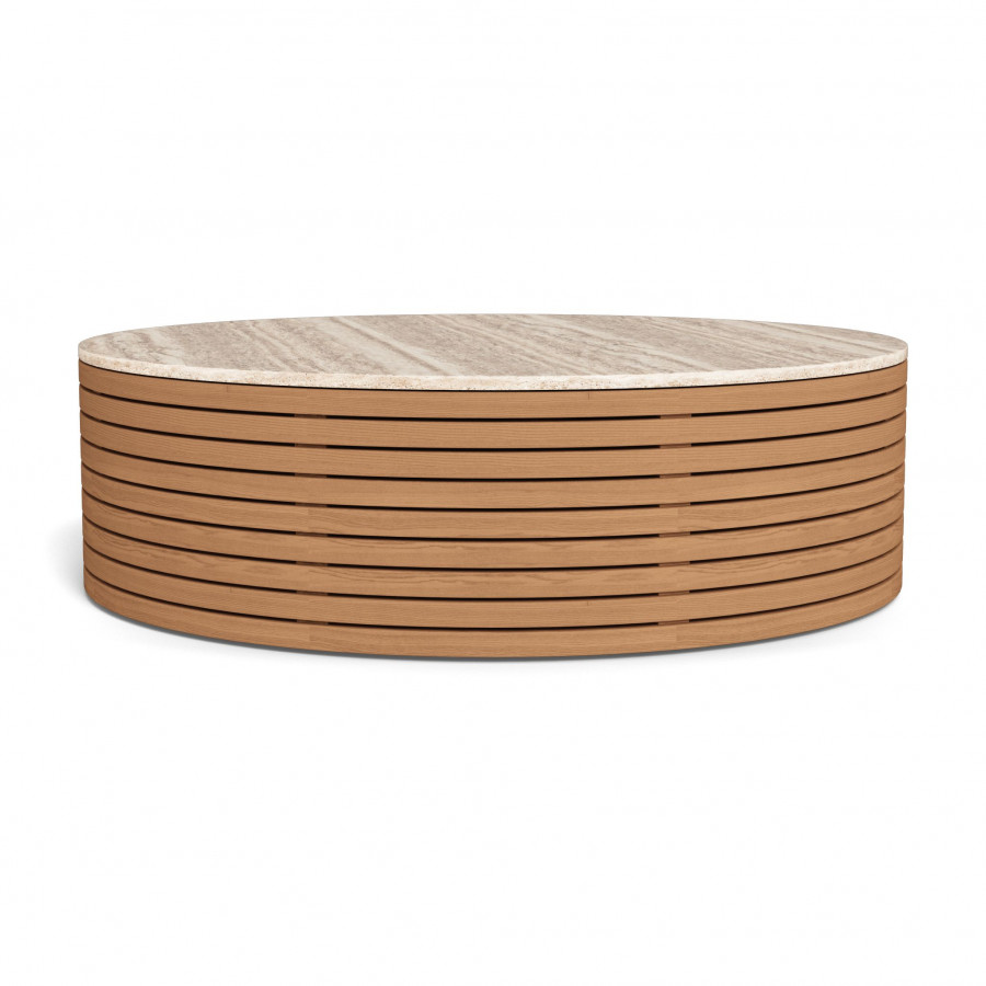 Harbour Tahiti Round Coffee Table in Teak Natural / Travertine Cream