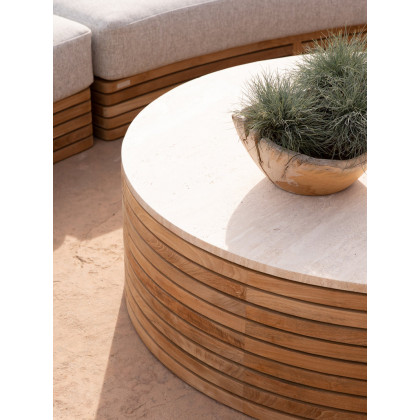 Harbour Tahiti Round Coffee Table in Teak Natural / Travertine Cream