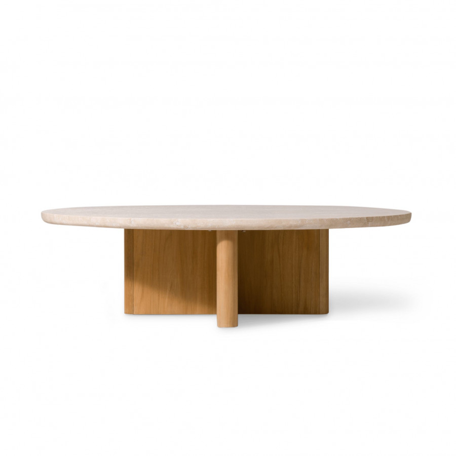 Harbour Victoria Teak Oval Stone Coffee Table in Teak Natural / Travertine Cream