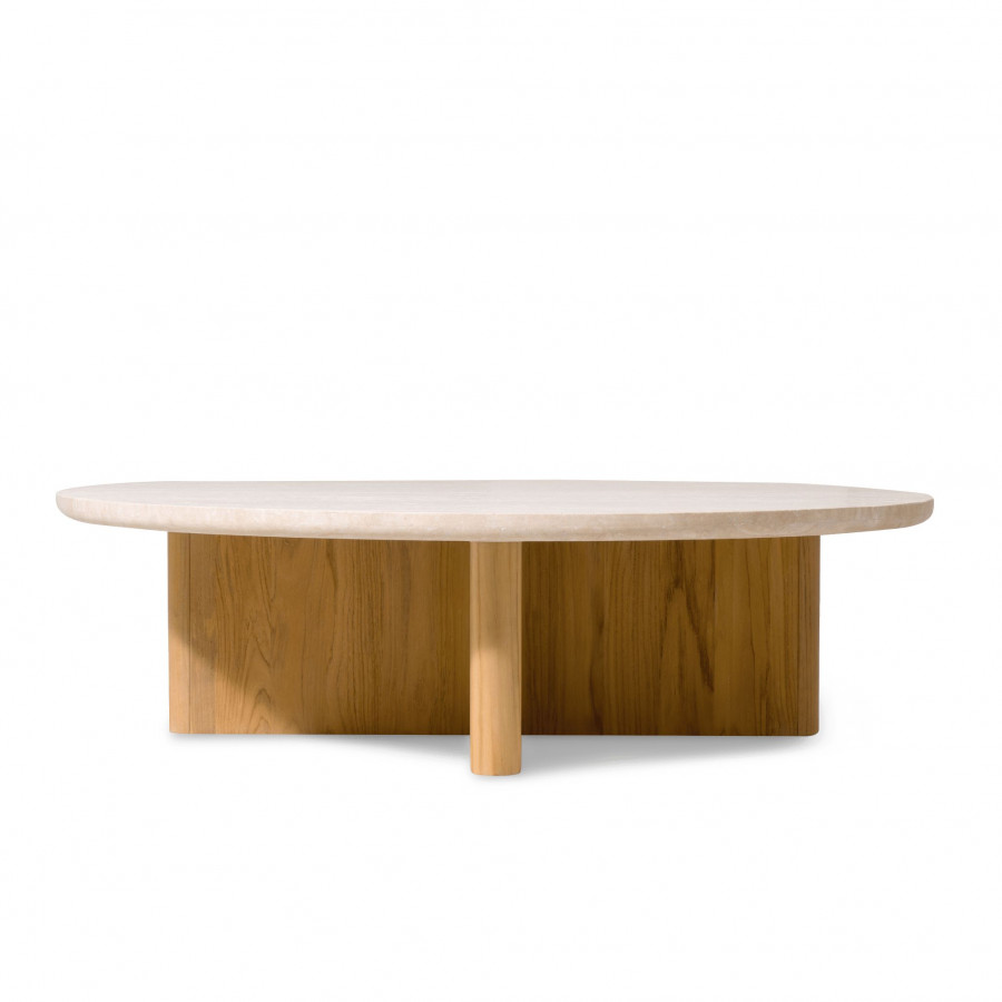 Harbour Victoria Teak Round Stone Coffee Table in Teak Natural / Travertine Cream