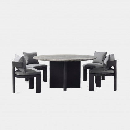 Harbour Victoria Aluminum Stone Round Dining Table 60" - Aluminum Taupe / Travertine Silver