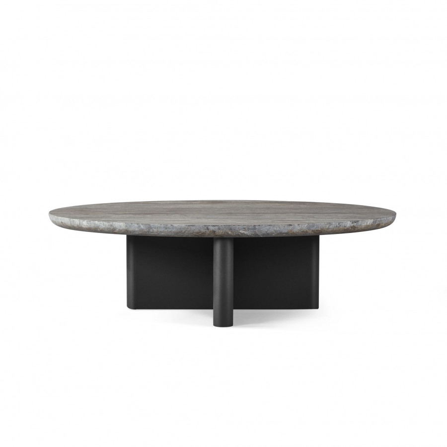 Harbour Victoria Aluminum Oval Stone Coffee Table - Aluminum Asteroid / Travertine Dark Gray