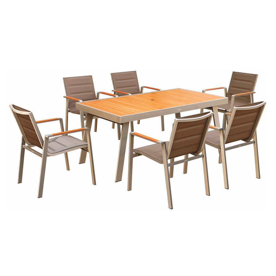 Higold Nofi 2.0 Outdoor Dining Set with Umbrella Hole - Champagne, Teak/Aluminum