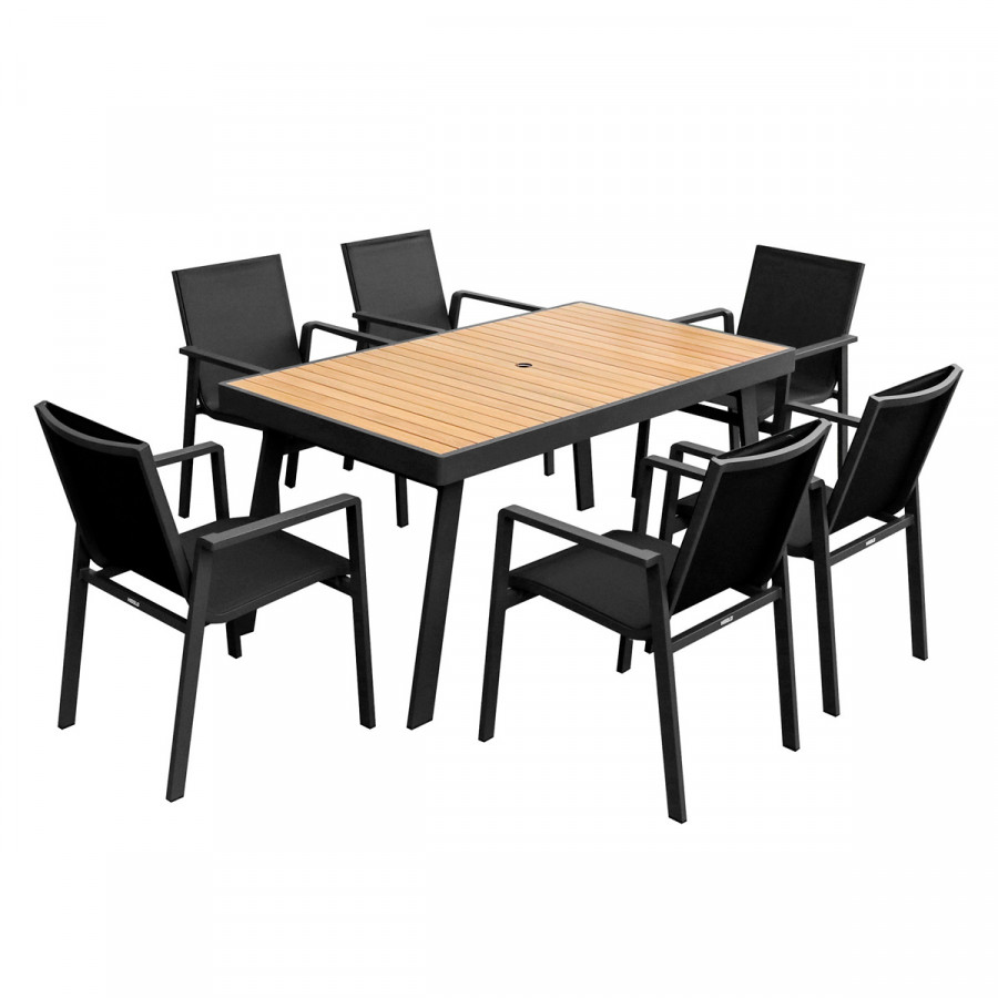 Higold Nofi 2.0 Outdoor Dining Set with Umbrella Hole - Matte Charcoal, Teak/Aluminum