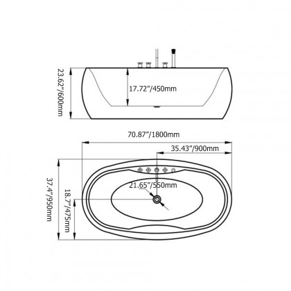 HMR - Acrylic Oval Whirlpool Water Massage in 71"L, White