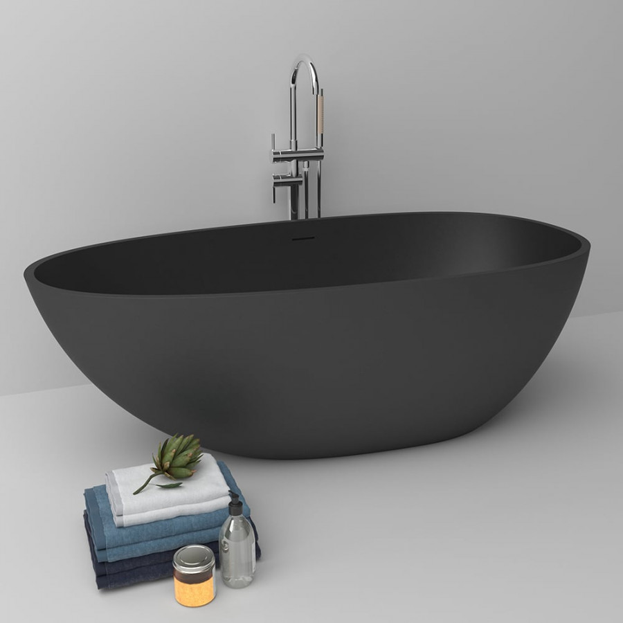 HMR - 59.05" Oval Freestanding Stone Soaking Bathtub Black 71.6-Gallon Capacity
