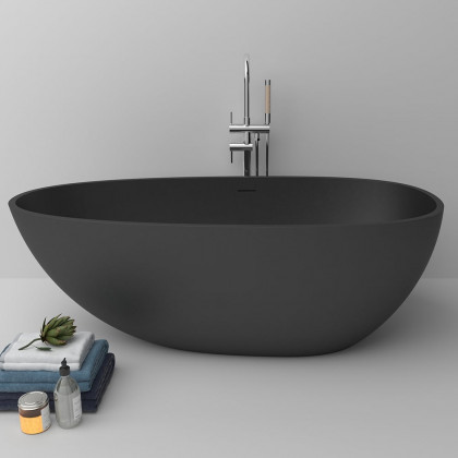 HMR - 59.05" Oval Freestanding Stone Soaking Bathtub Black 71.6-Gallon Capacity