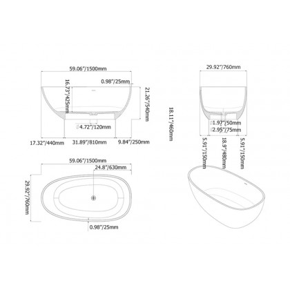 HMR - 59.05" Oval Freestanding Stone Soaking Bathtub Black 71.6-Gallon Capacity