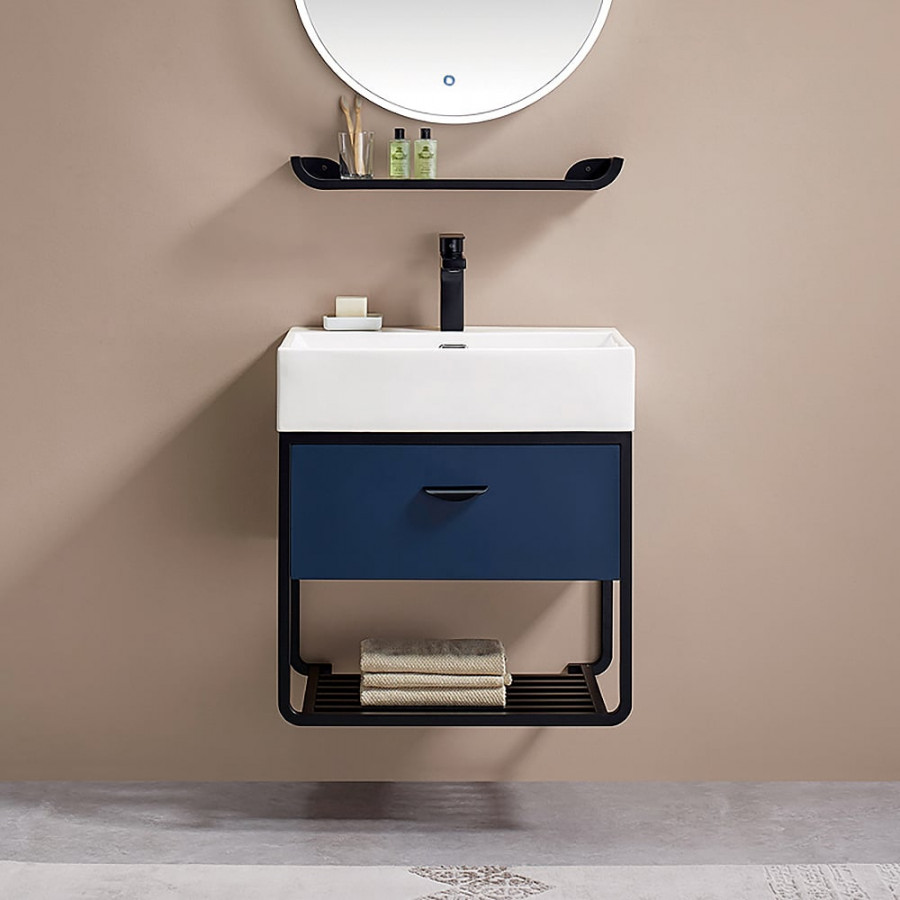 HMR - 23.6" Floating Bathroom Vanity with Single Ceramic Sink 1 Drawer and 1 Shelf in Blue