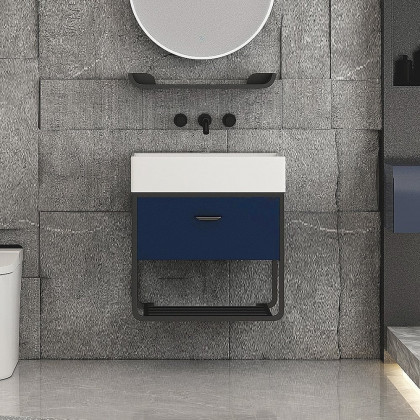 HMR - 23.6" Floating Bathroom Vanity with Single Ceramic Sink 1 Drawer and 1 Shelf in Blue