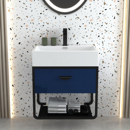 HMR - 23.6" Floating Bathroom Vanity with Single Ceramic Sink 1 Drawer and 1 Shelf in Blue