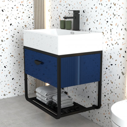 HMR - 23.6" Floating Bathroom Vanity with Single Ceramic Sink 1 Drawer and 1 Shelf in Blue