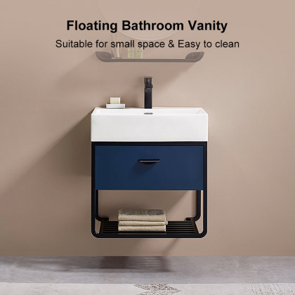 HMR - 23.6" Floating Bathroom Vanity with Single Ceramic Sink 1 Drawer and 1 Shelf in Blue