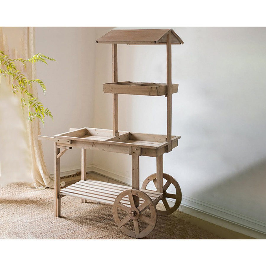 HMR - Solid Wood Garden Cart Display Bench in Natural