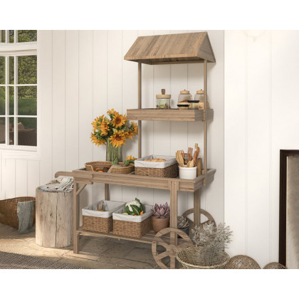 HMR - Solid Wood Garden Cart Display Bench in Natural