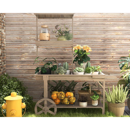 HMR - Solid Wood Garden Cart Display Bench in Natural