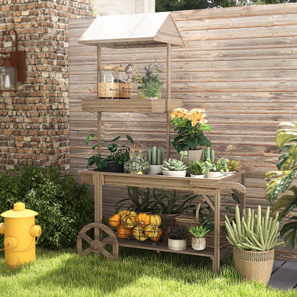 HMR - Solid Wood Garden Cart Display Bench in Natural