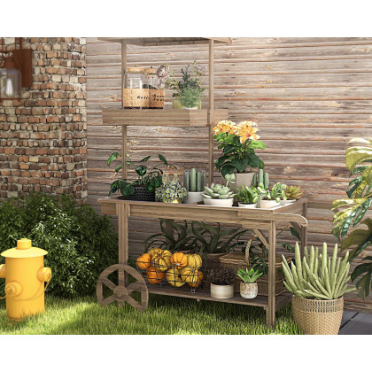 HMR - Solid Wood Garden Cart Display Bench in Natural