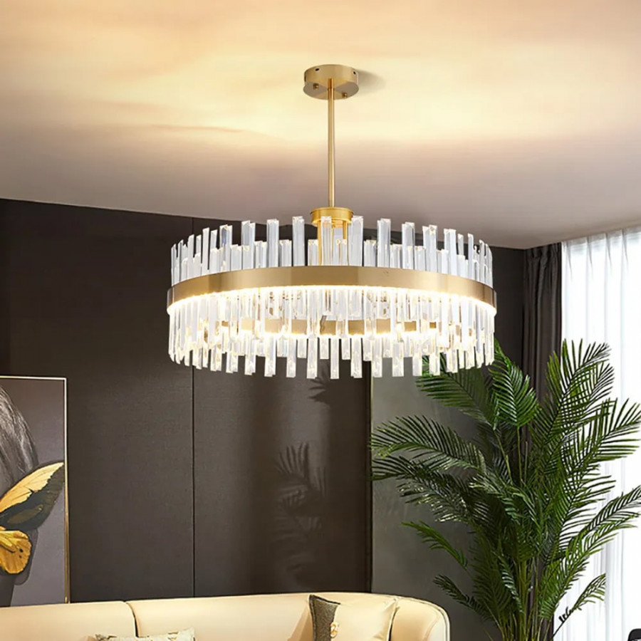 HMR - Bstack Modern Crystal Stripe Chandelier with Round Frame in Brass
