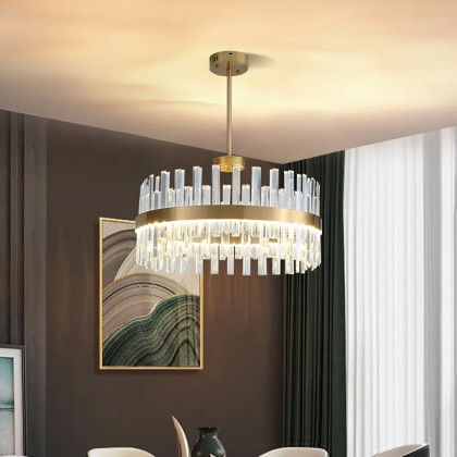 HMR - Bstack Modern Crystal Stripe Chandelier with Round Frame in Brass