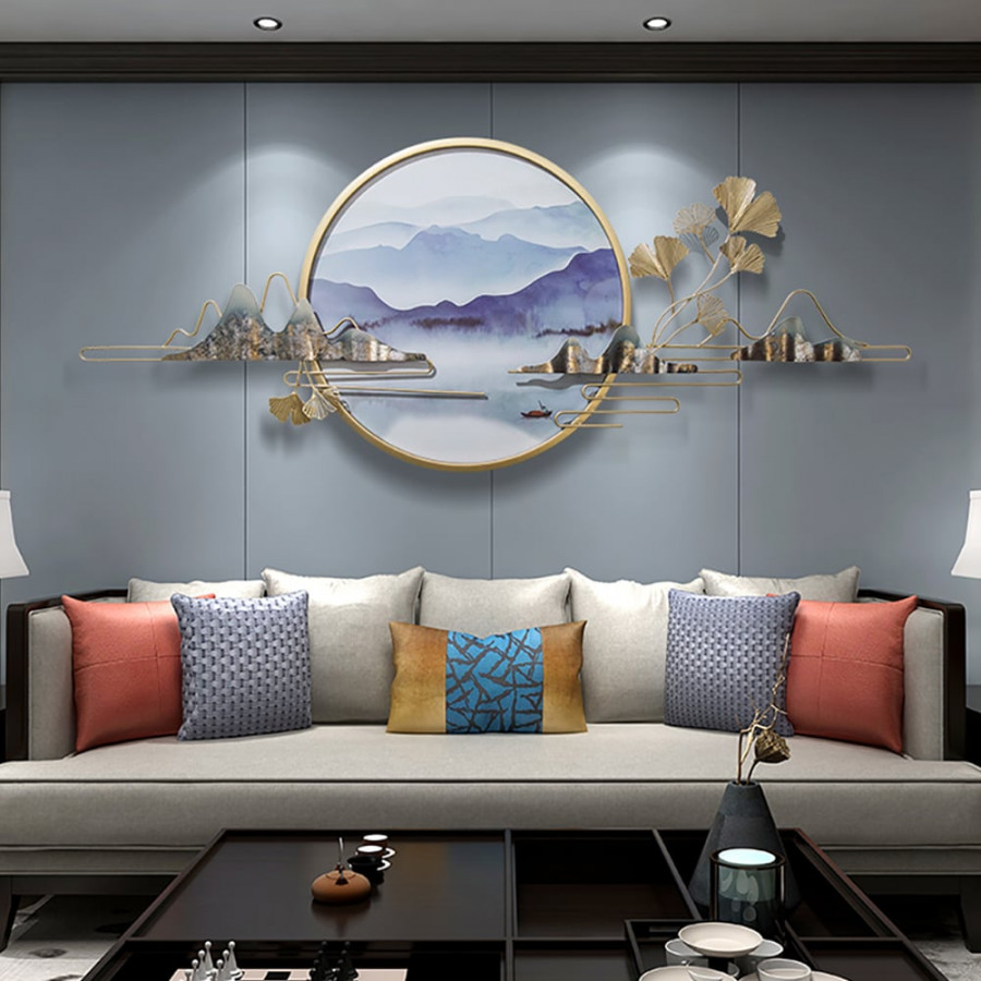 HMR - Modern Ginkgo Leaves Metal Wall Decor Gold & Blue with Landscape Patterns Living Room