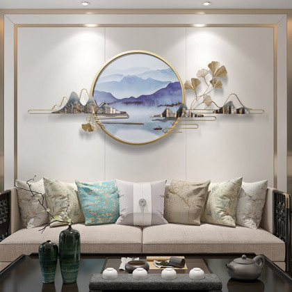 HMR - Modern Ginkgo Leaves Metal Wall Decor Gold & Blue with Landscape Patterns Living Room