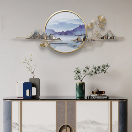 HMR - Modern Ginkgo Leaves Metal Wall Decor Gold & Blue with Landscape Patterns Living Room