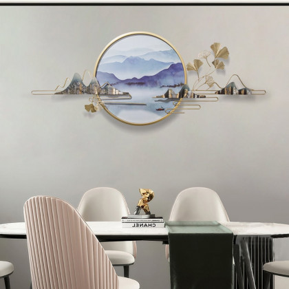 HMR - Modern Ginkgo Leaves Metal Wall Decor Gold & Blue with Landscape Patterns Living Room