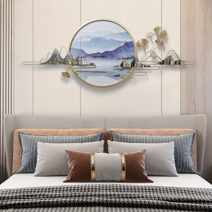 HMR - Modern Ginkgo Leaves Metal Wall Decor Gold & Blue with Landscape Patterns Living Room