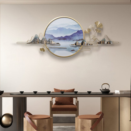 HMR - Modern Ginkgo Leaves Metal Wall Decor Gold & Blue with Landscape Patterns Living Room