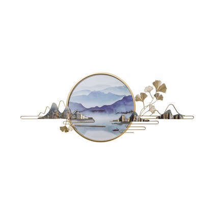 HMR - Modern Ginkgo Leaves Metal Wall Decor Gold & Blue with Landscape Patterns Living Room