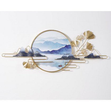 HMR - Modern Ginkgo Leaves Metal Wall Decor Gold & Blue with Landscape Patterns Living Room