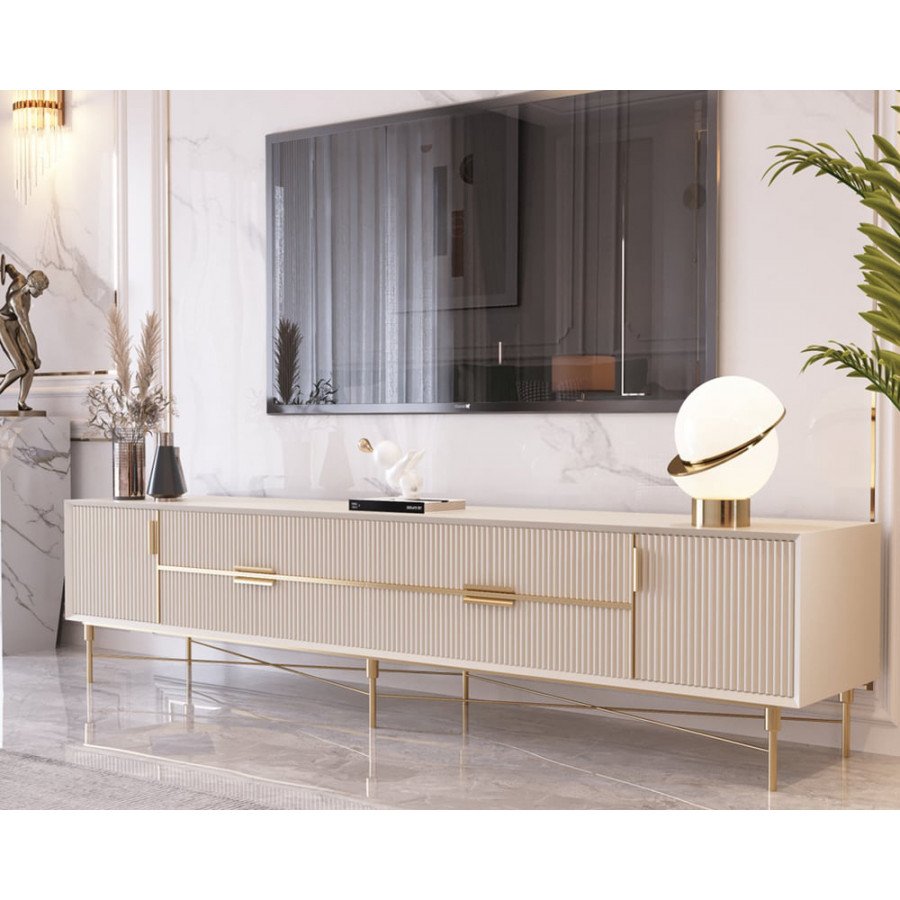 HMR Modern Rectangle TV Stand Media Console for 85" TVs with 4 Drawers & Doors MDF - Off-White, 86.6"