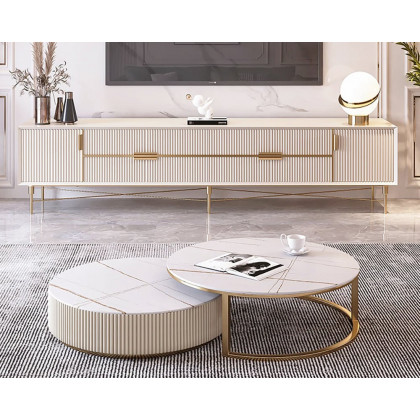 HMR Modern Rectangle TV Stand Media Console for 85" TVs with 4 Drawers & Doors MDF - Off-White, 86.6"