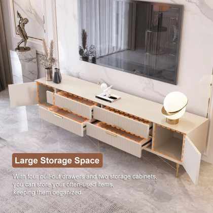 HMR Modern Rectangle TV Stand Media Console for 85" TVs with 4 Drawers & Doors MDF - Off-White, 86.6"
