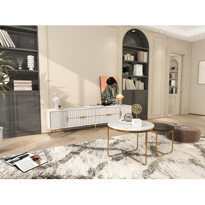 HMR Modern Rectangle TV Stand Media Console for 85" TVs with 4 Drawers & Doors MDF - Off-White, 86.6"