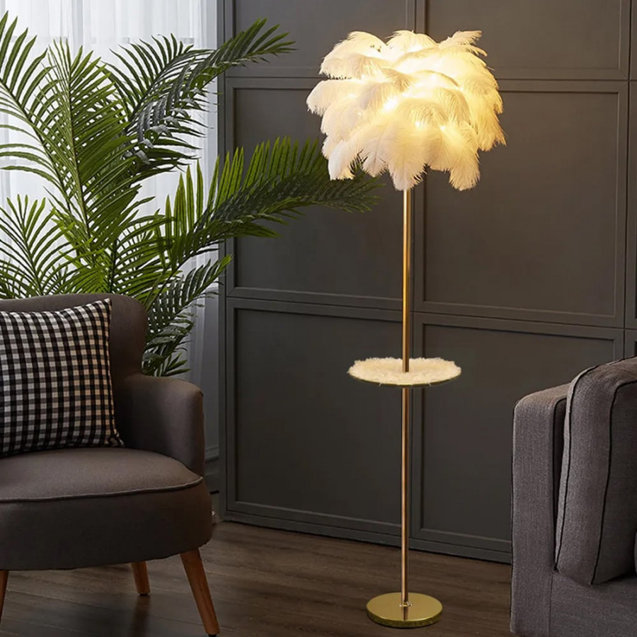 HMR Loftus Art Deco Rose Gold Floor Lamp with Feather Shade Tree Standing Lamp - White, With Shelf