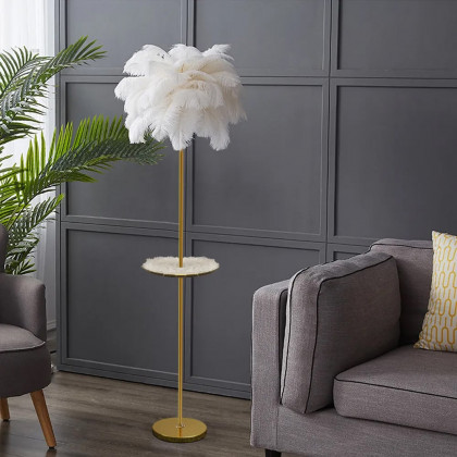 HMR Loftus Art Deco Rose Gold Floor Lamp with Feather Shade Tree Standing Lamp - White, With Shelf