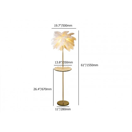 HMR Loftus Art Deco Rose Gold Floor Lamp with Feather Shade Tree Standing Lamp - White, With Shelf