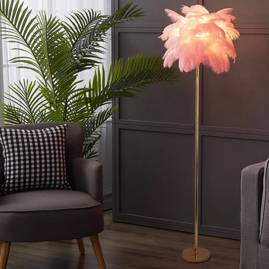 HMR Loftus Art Deco Rose Gold Floor Lamp with Feather Shade Tree Standing Lamp - Pink, Without Shelf