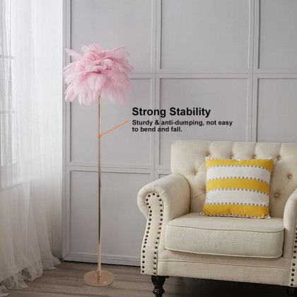 HMR Loftus Art Deco Rose Gold Floor Lamp with Feather Shade Tree Standing Lamp - Pink, Without Shelf
