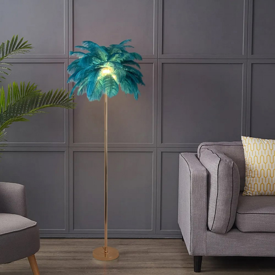 HMR Loftus Art Deco Rose Gold Floor Lamp with Feather Shade Tree Standing Lamp - Green, Without Shelf