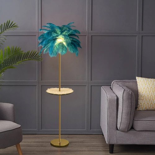 HMR Loftus Art Deco Rose Gold Floor Lamp with Feather Shade Tree Standing Lamp - Green, With Shelf